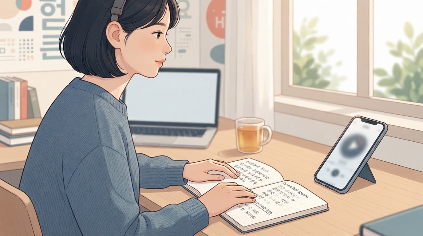 Korean Dictation Apps for Real Connected Speech Practice 2 Learner taking Korean dictation notes beside a smartphone, headphones, tea, and laptop.
