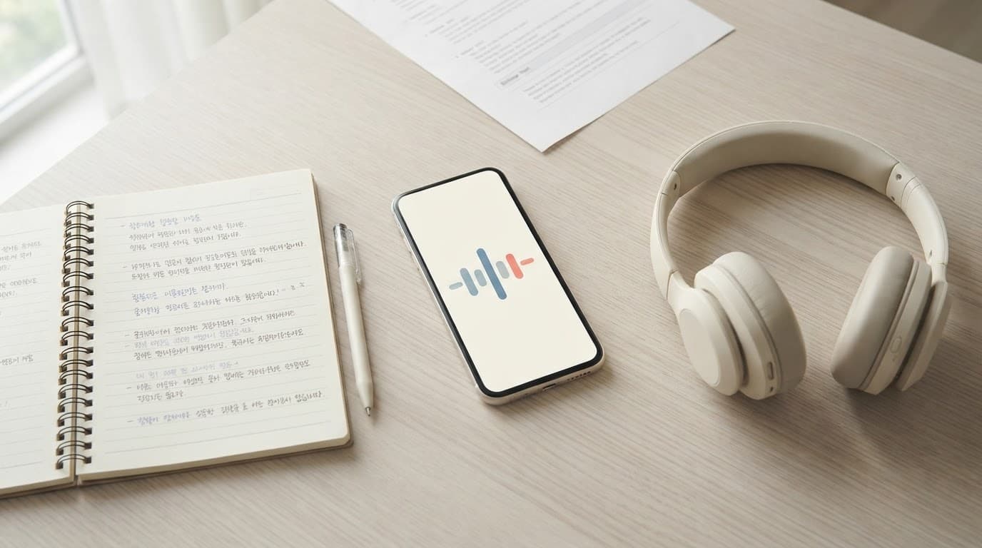 Korean Dictation Apps for Real Connected Speech Practice 3 A smartphone, headphones, and Hangul notes arranged on a bright study desk.