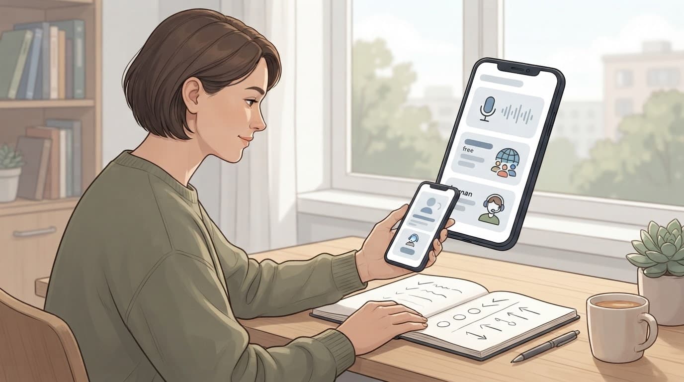 An adult learner compares language study options on a phone beside a notebook.