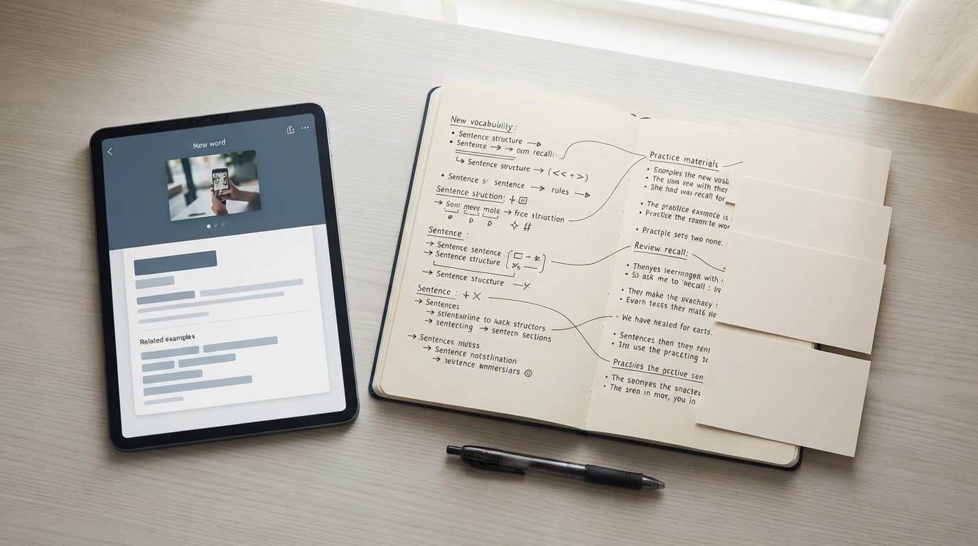 Blank vocabulary cards, a notebook, tablet, and pen arranged on a minimalist desk.