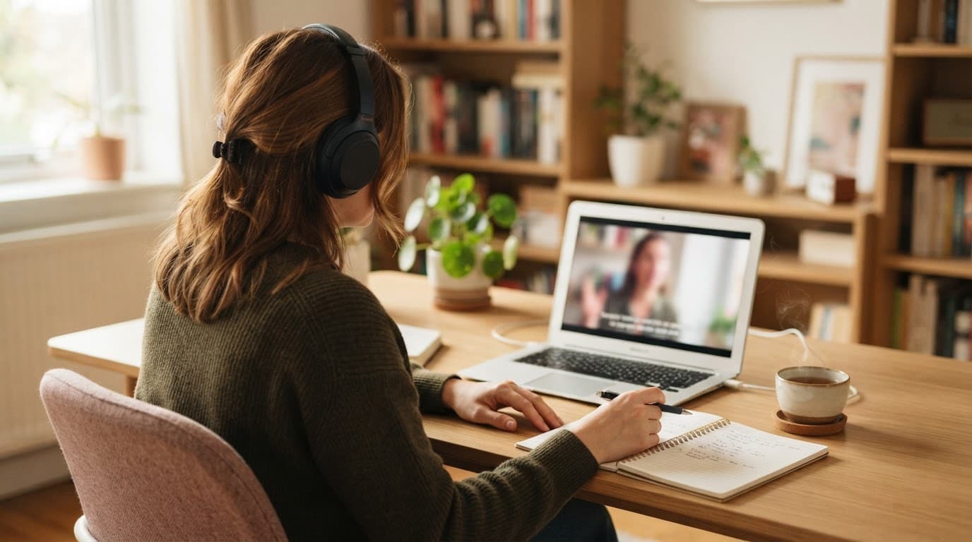 Lingopie vs Language Reactor: Which Fits Your Study Style? 3 A learner in headphones studies blurred subtitles on a laptop at a tidy desk.