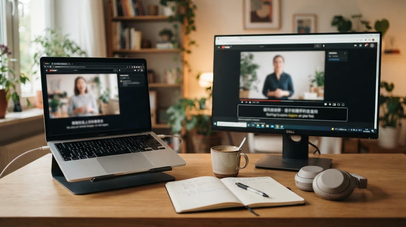 Lingopie vs Language Reactor: Which Fits Your Study Style? 2 Two devices show blurred language lessons on a tidy desk with headphones, notebook, and coffee.