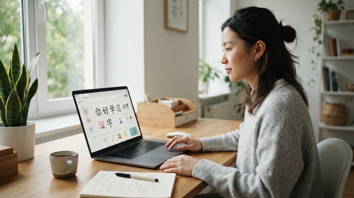 HanziHero Review 2026: Worth It for Chinese Characters? 2 A person studies Mandarin characters on a laptop in a bright minimalist room.
