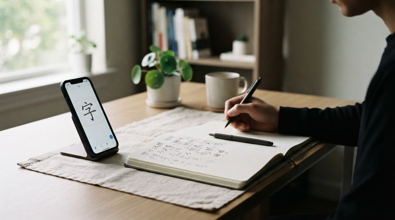 A phone and Mandarin notebook sit on a softly lit minimalist study desk.