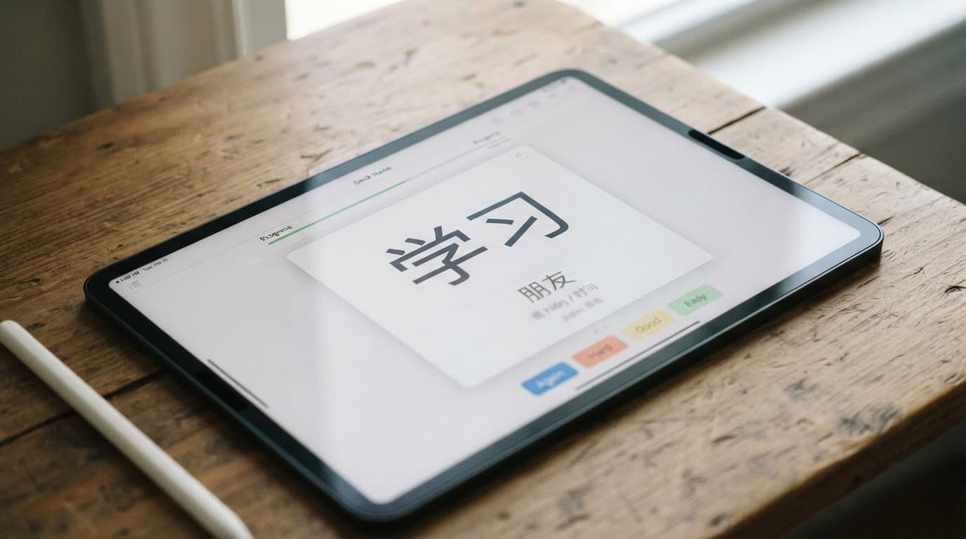 Tablet showing Mandarin flashcards on a wooden desk in natural daylight.