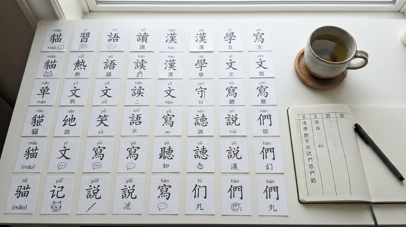 Blank flashcards and a cup of tea on a white table.