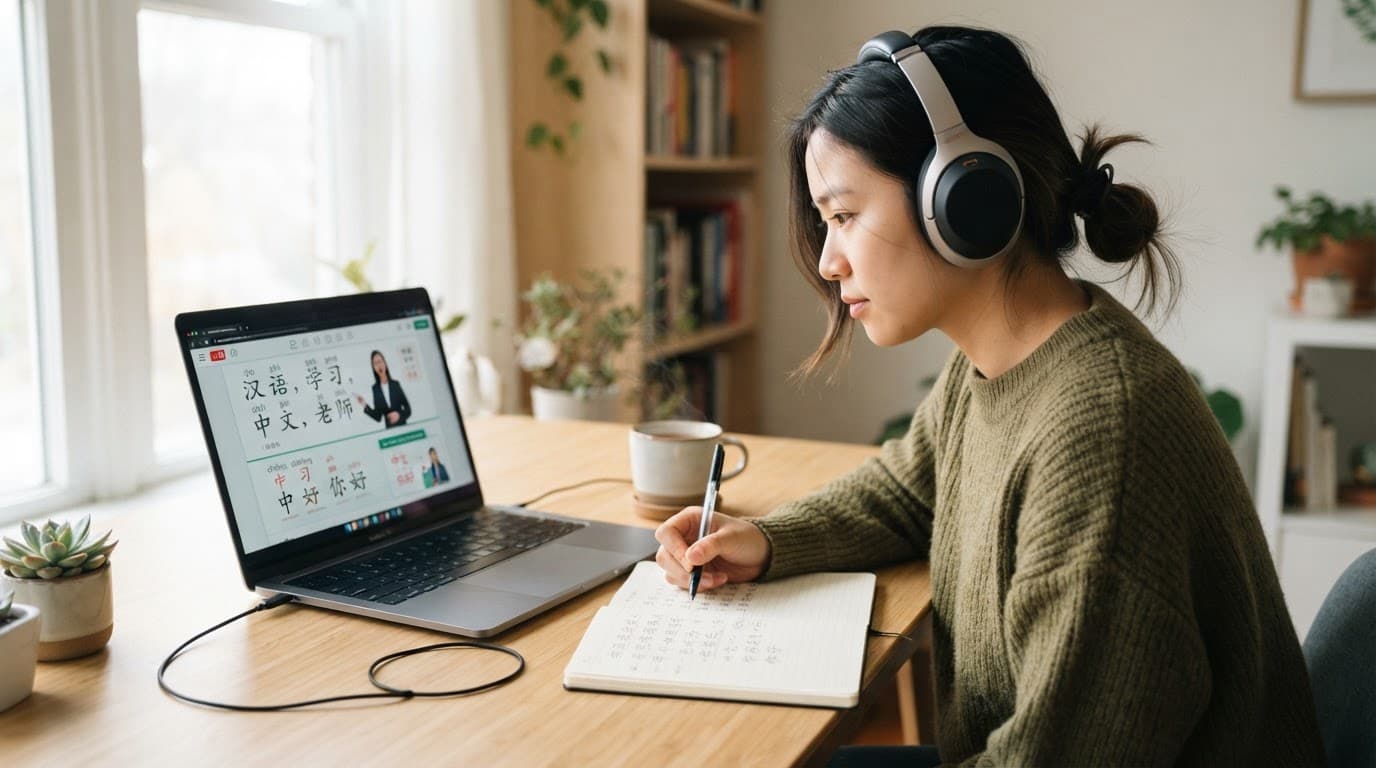 A person wearing headphones studies Mandarin on a laptop at a wooden desk.