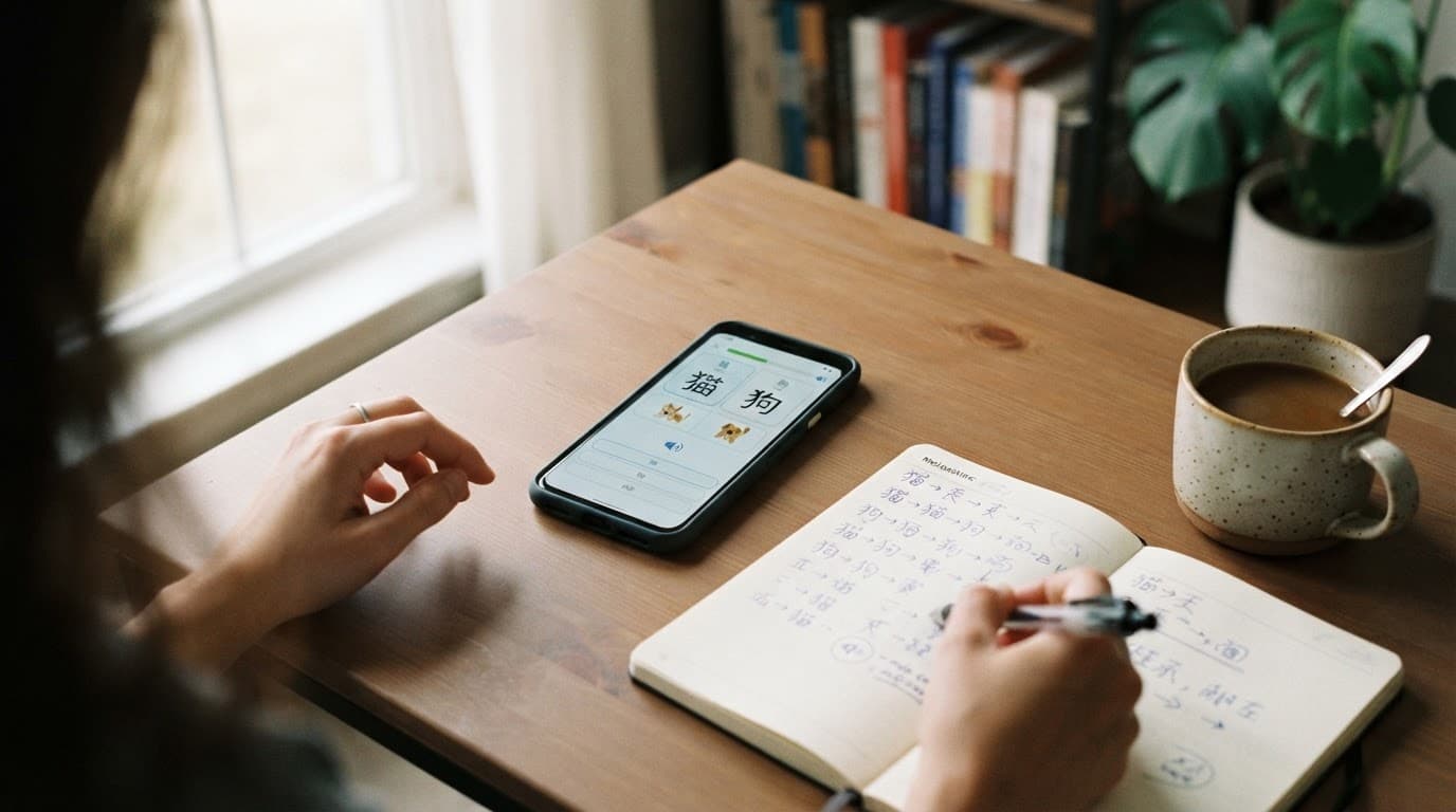 A phone with a language app, notebook, and coffee sits on a clean desk.