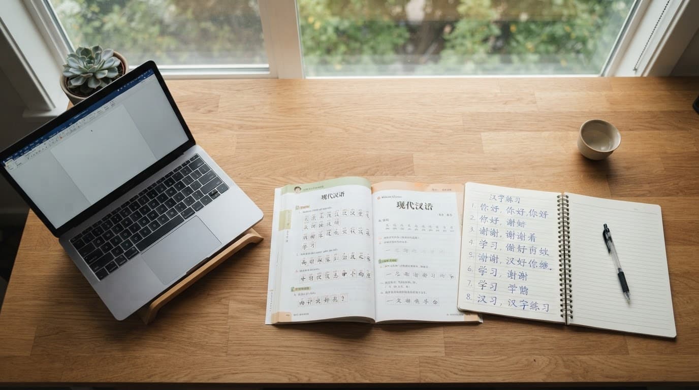 HSK 3.0 vs HSK 2.0: What Learners Need to Change 2 A wooden desk with a Chinese book, notebook, and laptop in soft window light.