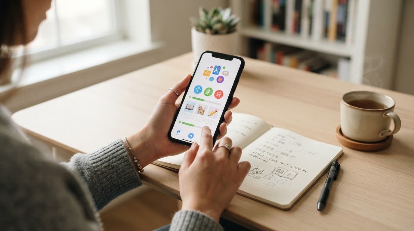 A hand holds a smartphone beside an open notebook and cup of tea on a bright desk.
