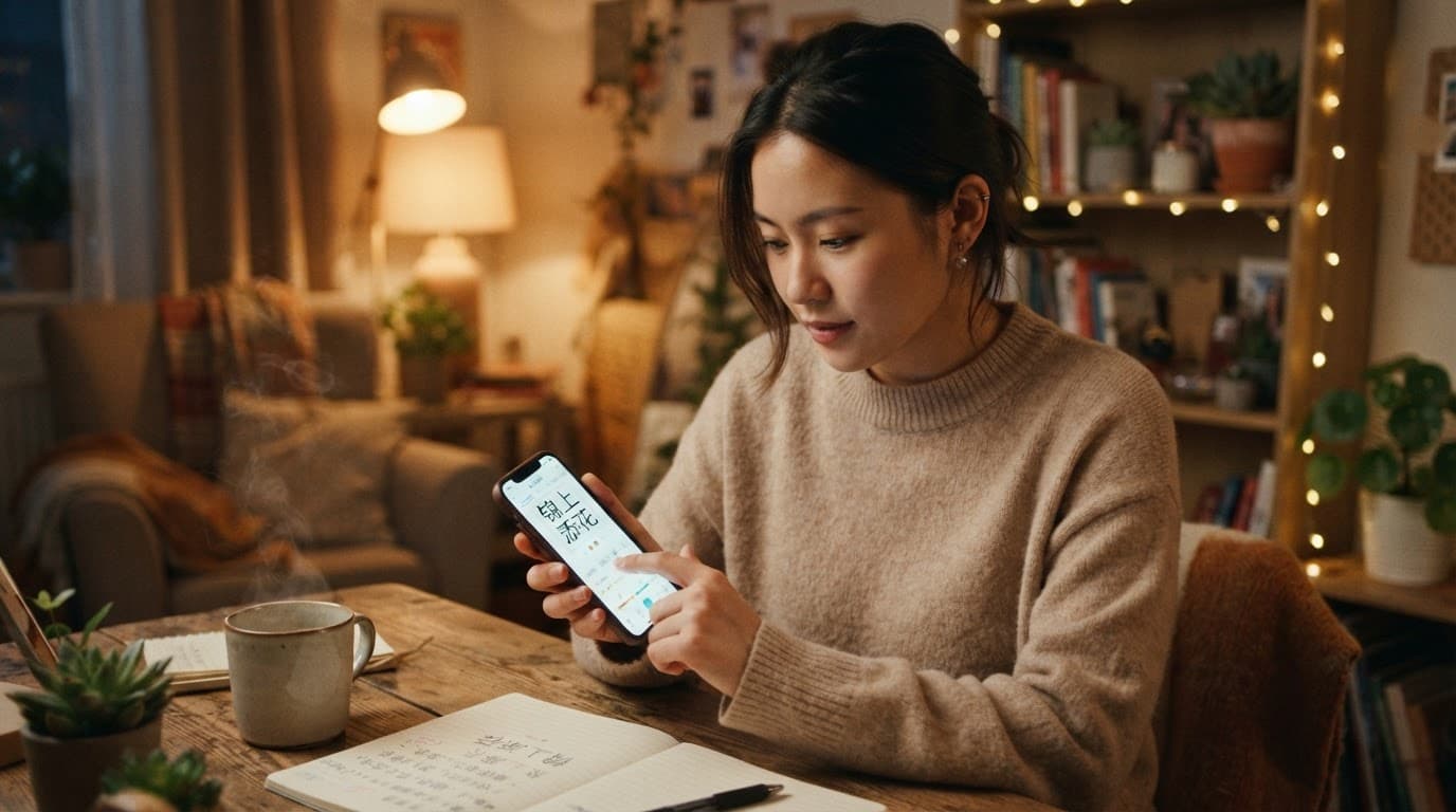 A person studies Chinese characters on a smartphone in a warmly lit room.