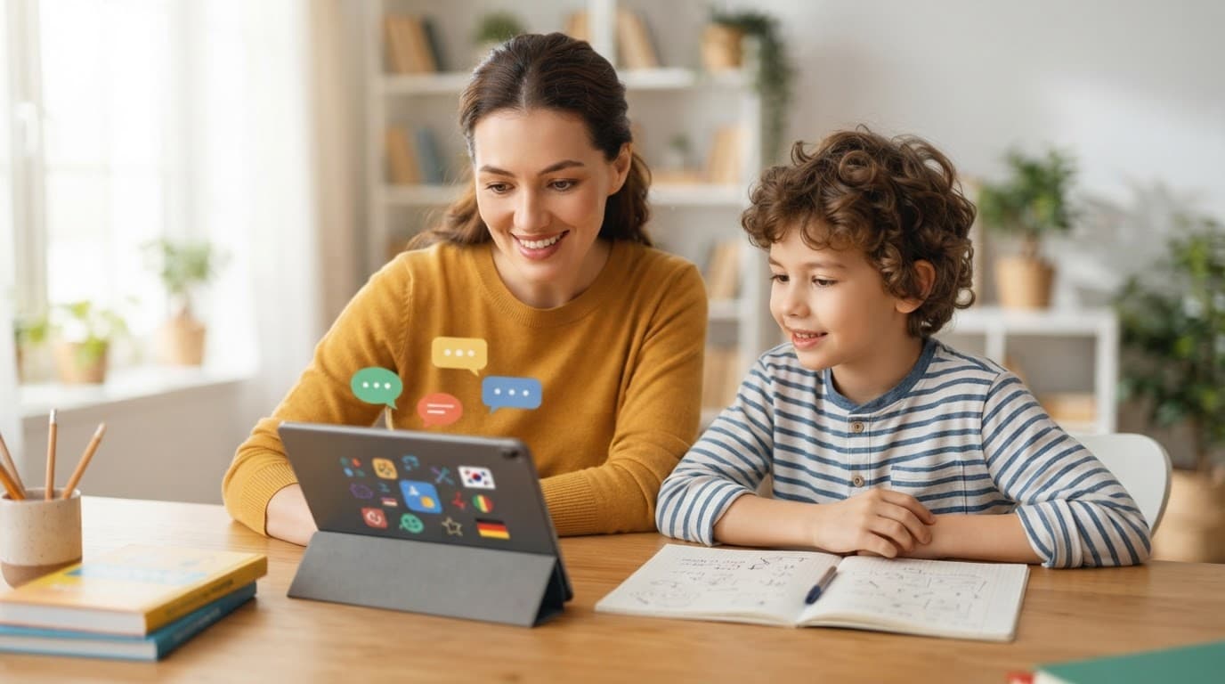 A parent and child study languages with a tablet and notebook at a sunny desk.
