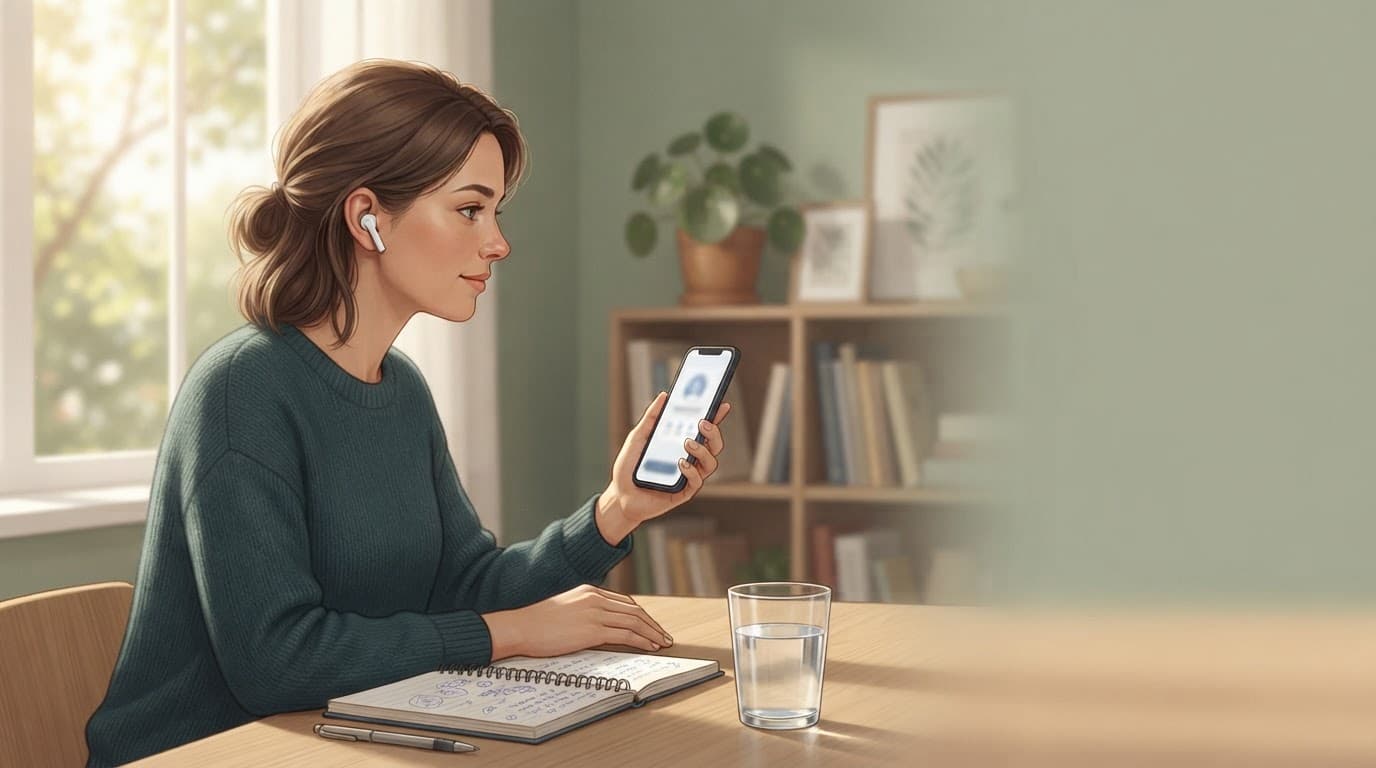 An adult learner practices pronunciation with a phone and earbuds at a sunlit study desk.
