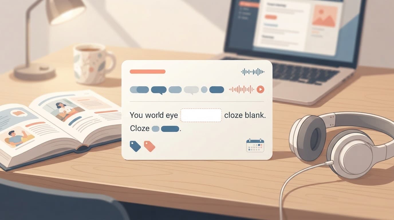 A sentence-learning card sits beside an open book, headphones, and laptop.
