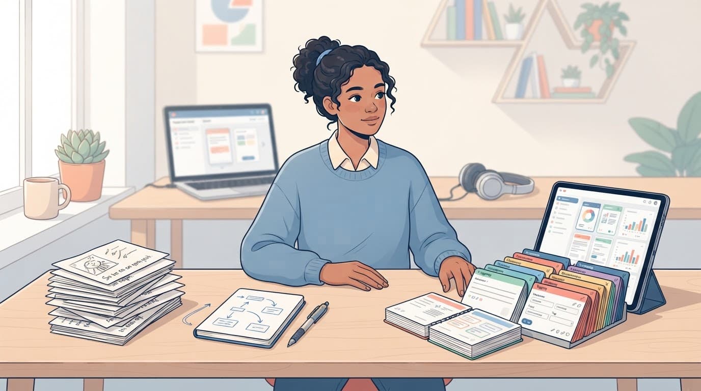 A learner compares two flashcard stacks beside a laptop, notebook, and headphones.