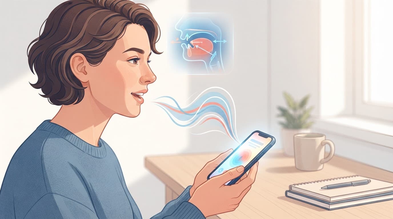 An adult learner practices pronunciation into a smartphone beside a notebook.