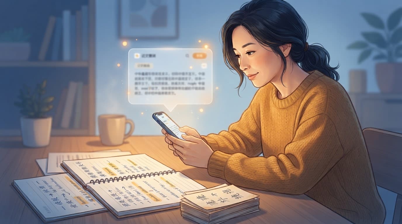 Best Chinese Web Novel Apps for Reading in 2026 3 A learner uses a phone beside vocabulary notes and flashcards with a glowing translation panel.