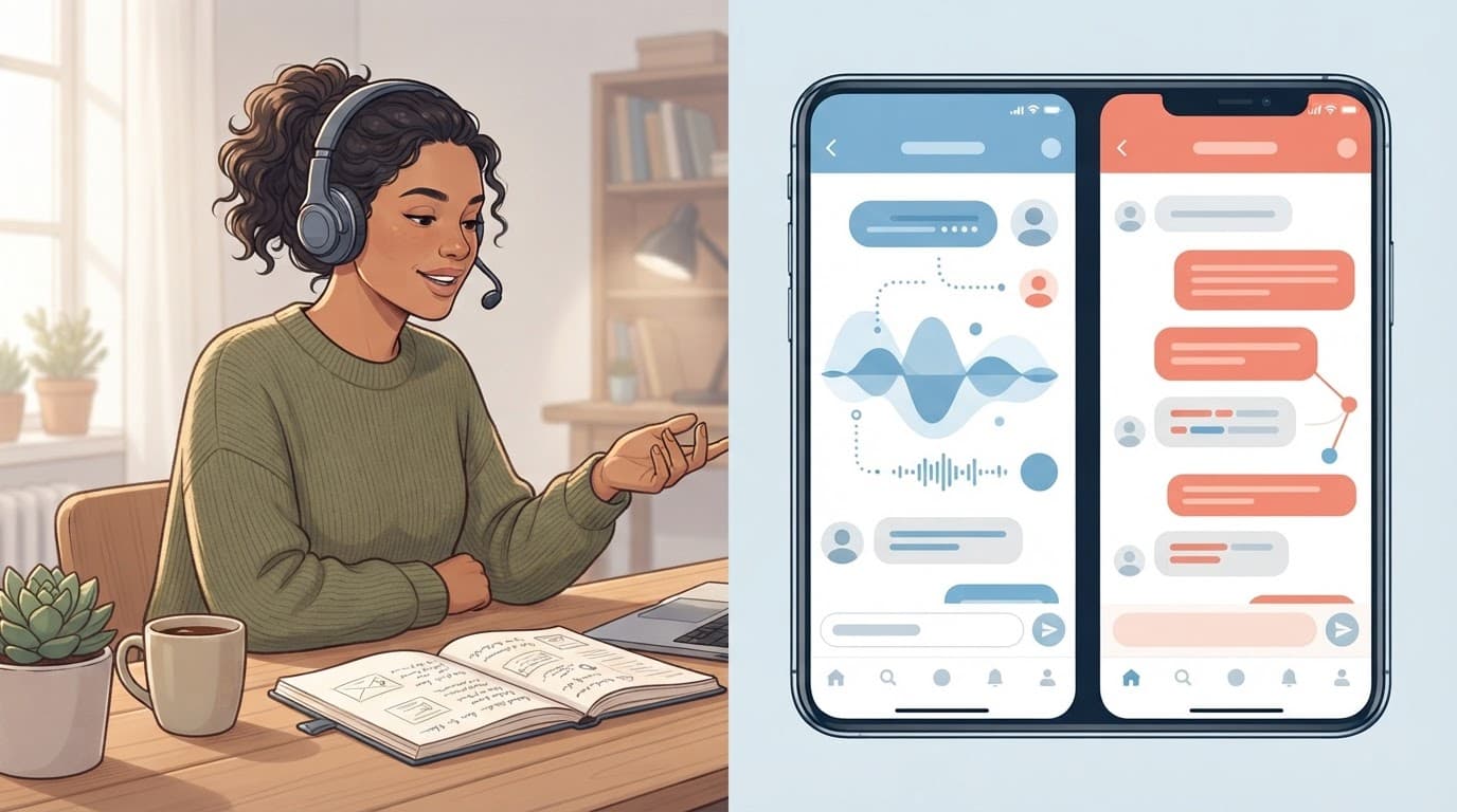 An adult practices English beside a phone, notebook, headphones, and coffee.
