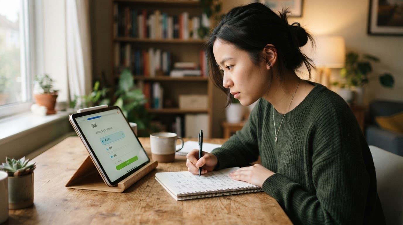 A student studies Mandarin with a tablet and notebook at a wooden desk.
