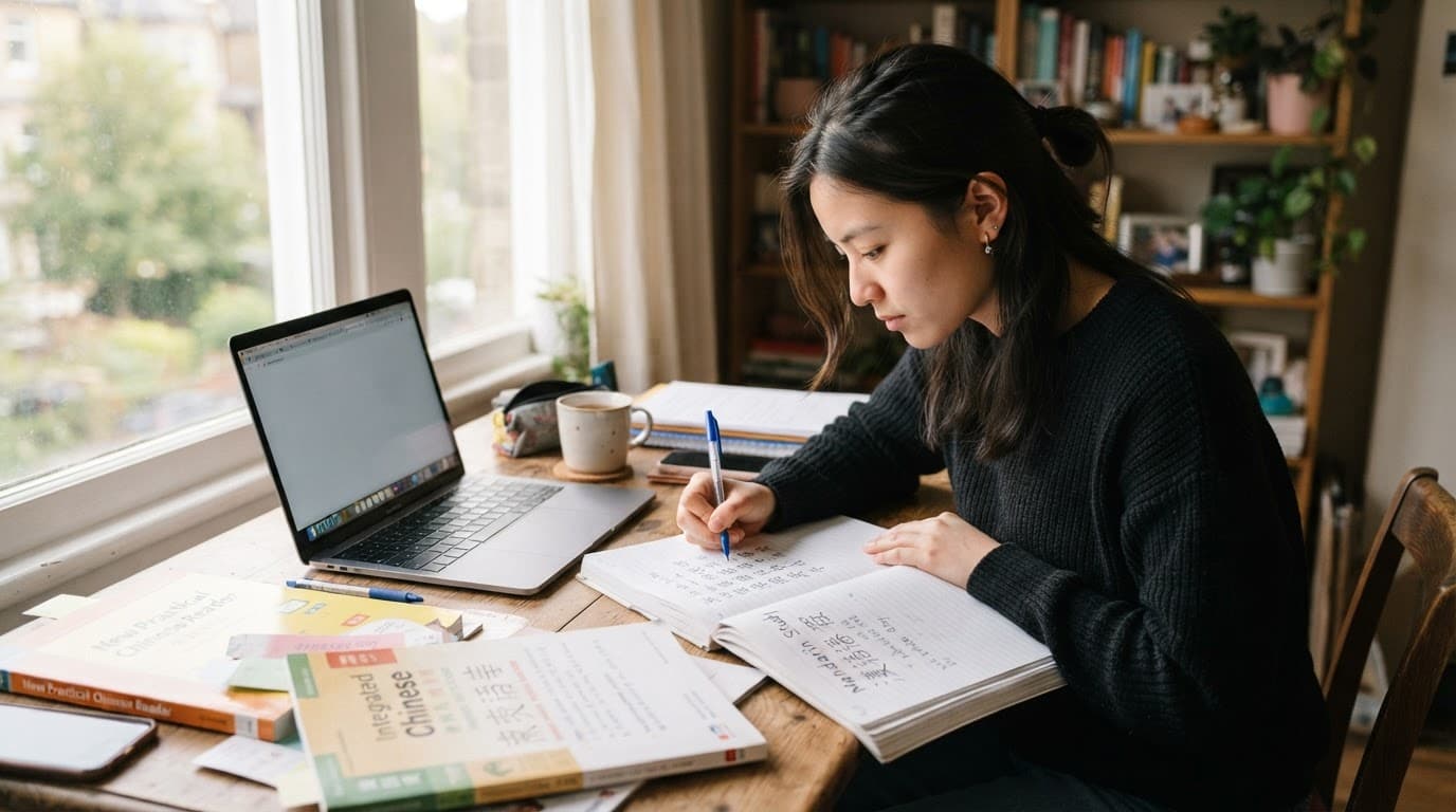 Chinese Grammar Wiki review: Is It Worth Using in 2026? 2 Student studying Mandarin at a wooden desk with books, a notebook, and a laptop.