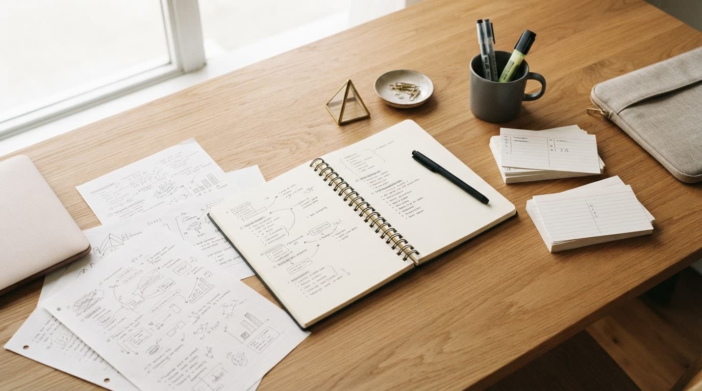 Study notes, flashcards, and a modern notebook arranged on a wooden desk.