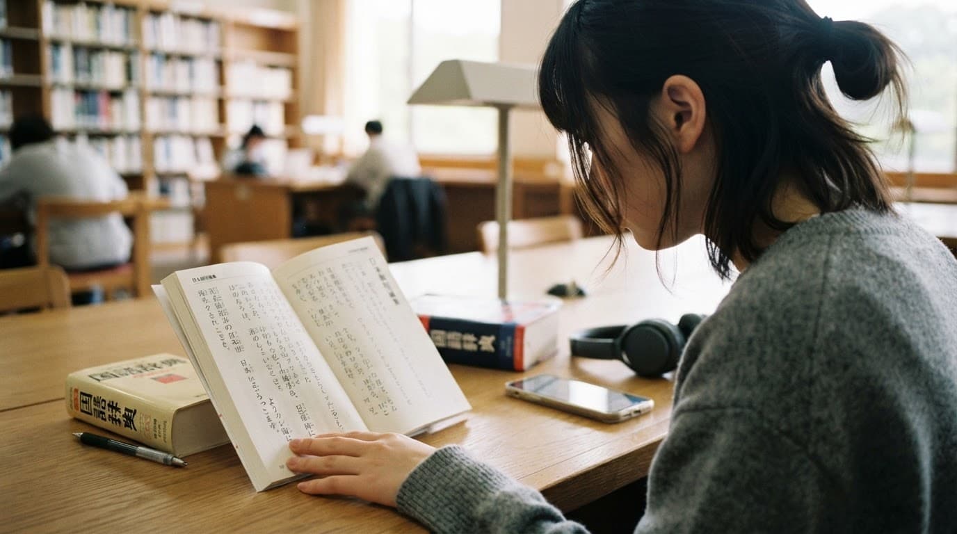 Japanese Reading Apps With Adjustable Furigana 3 A learner reads a Japanese story beside a dictionary, headphones, and smartphone.