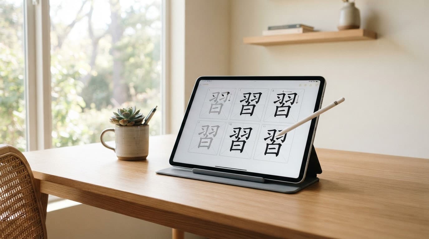 Tablet showing Chinese character stroke practice on a bright minimalist desk.
