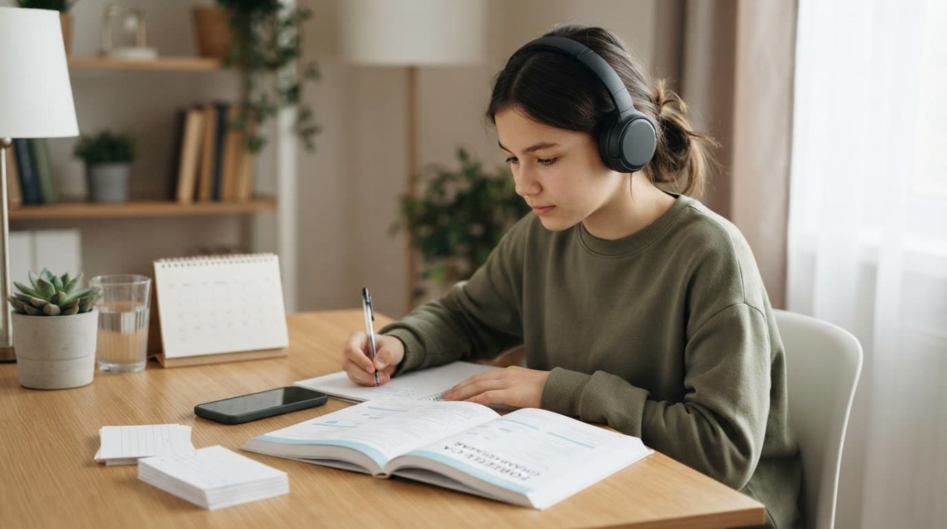 Teenager studying with headphones, an open grammar book, smartphone, and flashcards at a sunny desk.