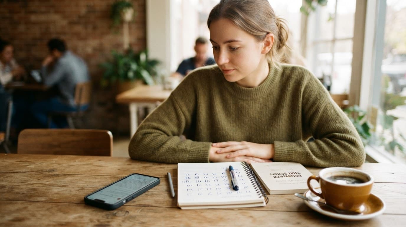 A learner practices Thai script with a phone, notebook, coffee, and workbook.