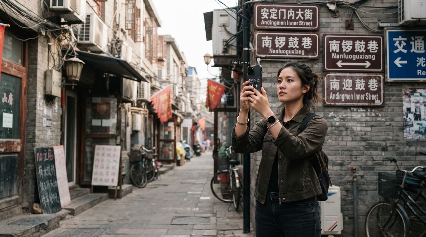 Chinese OCR Apps in 2026 for Menus, Signs, and Labels 3 Traveler using a smartphone to read Chinese signs in an urban alley.