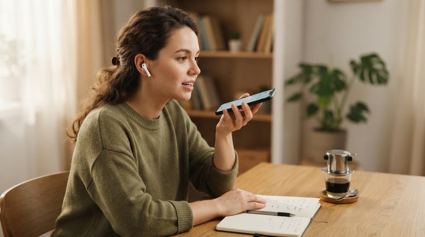 Best Vietnamese Tone Apps for Pronunciation in 2026 3 An adult learner practices Vietnamese with earbuds beside a phone, notebook, and coffee.