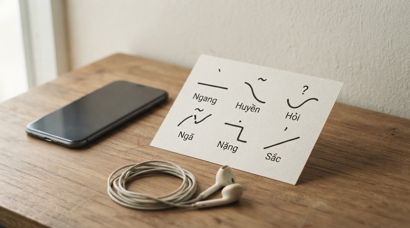 Best Vietnamese Tone Apps for Pronunciation in 2026 2 A smartphone, contour diagram, and earbuds arranged on a wooden desk.