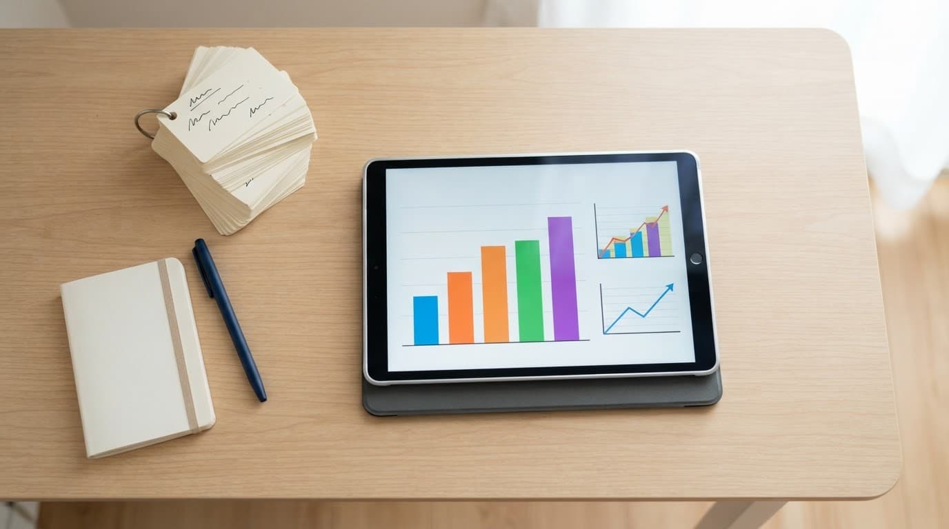 HSK 3.0 vs HSK 2.0: What Learners Need to Change 3 Study materials, flashcards, and a tablet with abstract charts on a clean desk.