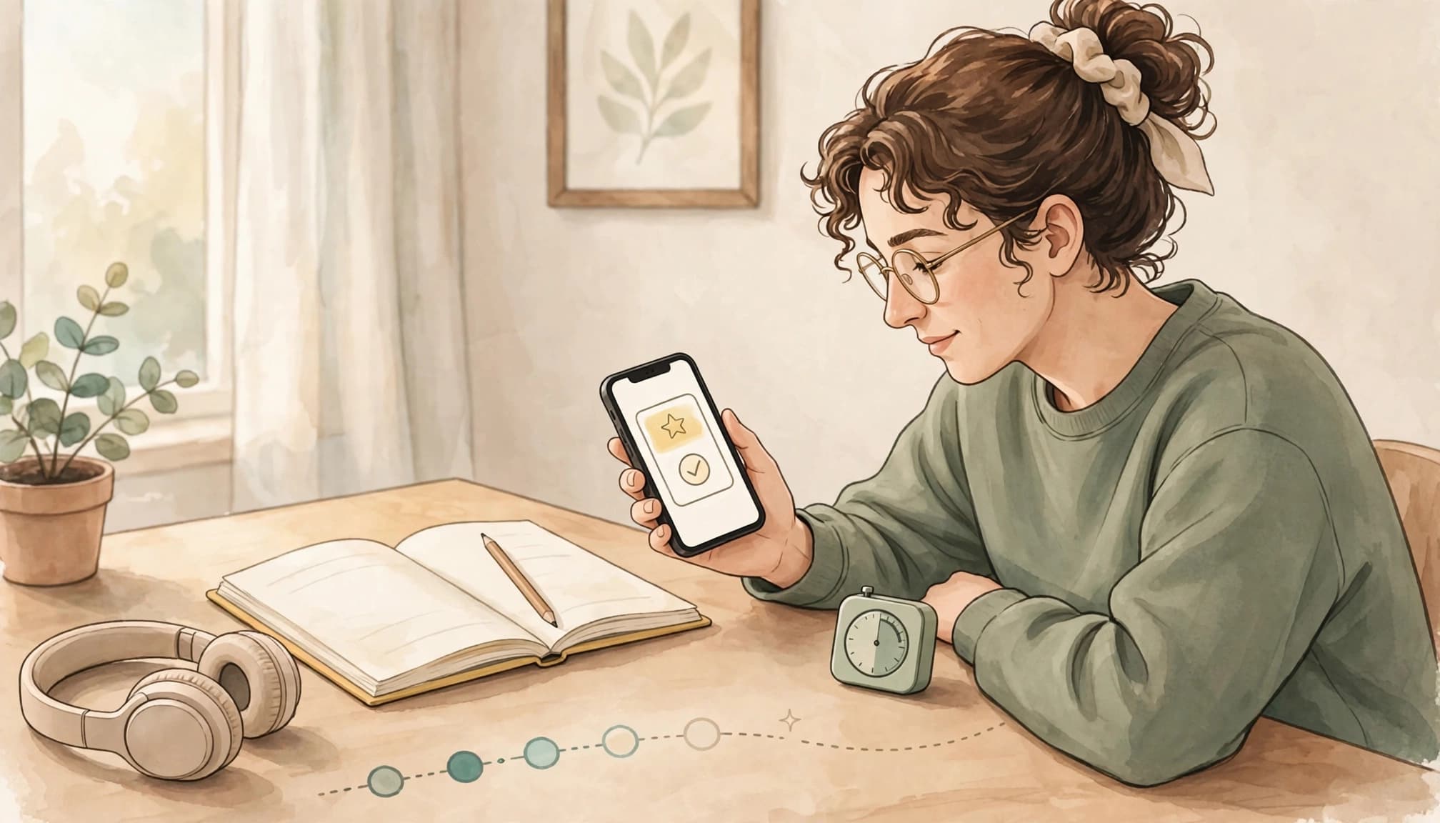 Best Language Apps for ADHD Adults in 2026 2 An adult learner studies a language on a phone beside a notebook and timer.