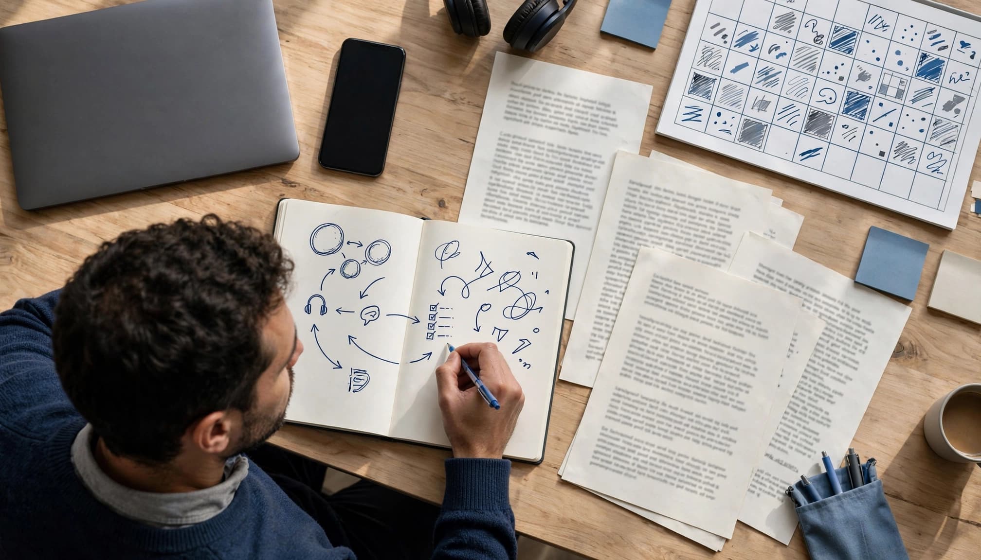 A professional plans language study with a smartphone, laptop, notebook, papers, and calendar.
