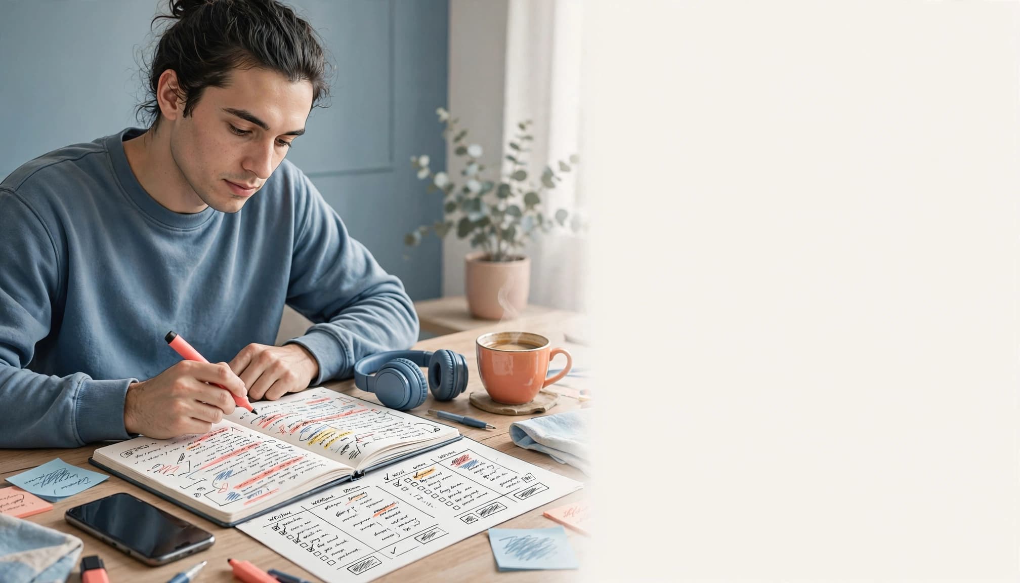 A learner studies language with a smartphone, notebook, headphones, and coffee at a desk.