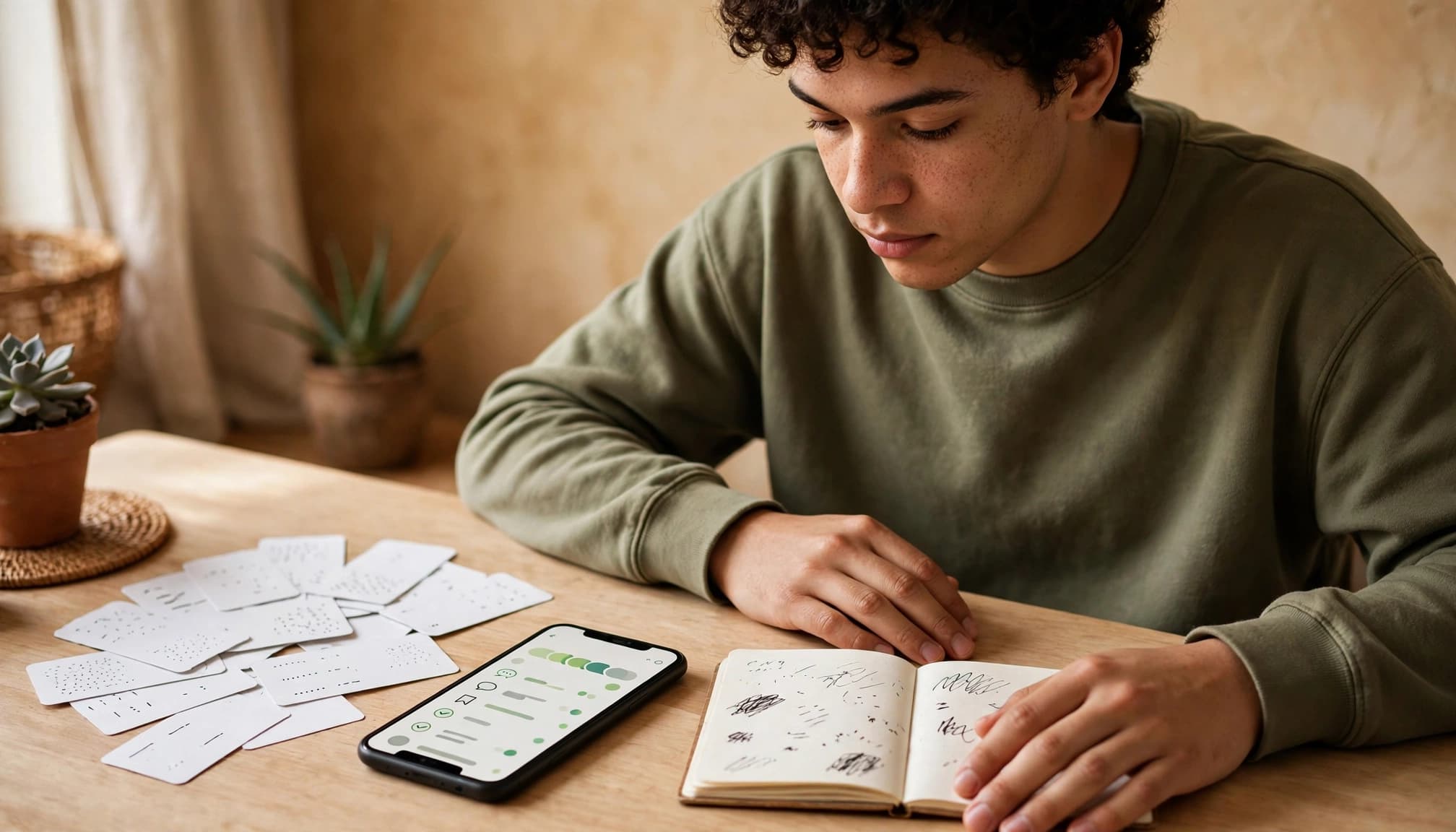 Best Afrikaans Learning Apps for Serious Study in 2026 2 Learner studying Afrikaans with a smartphone, vocabulary cards, and notebook in a sunny study corner.