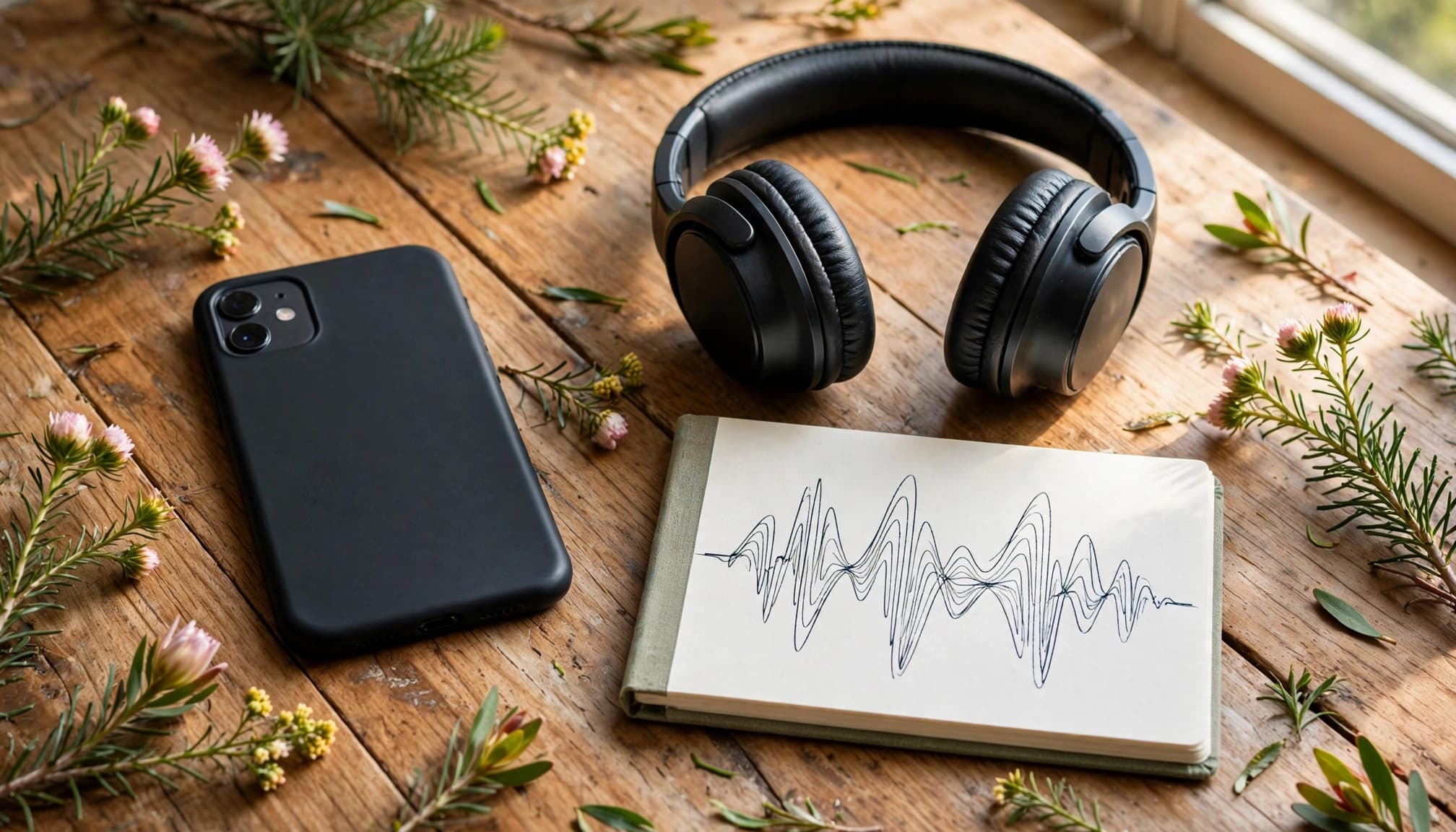 Best Afrikaans Learning Apps for Serious Study in 2026 3 A smartphone, headphones, notebook, and fynbos leaves on a sunny wooden table.