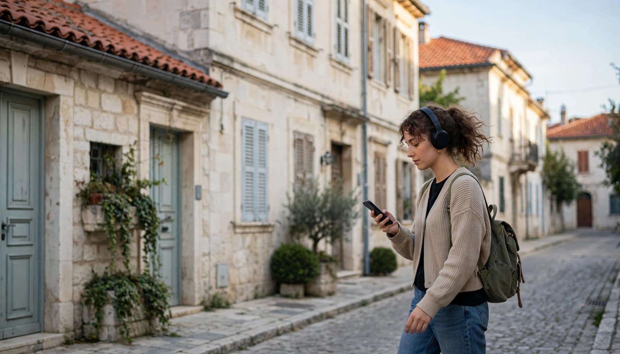 Best Albanian Learning Apps for Real Progress in 2026 2 A person listens to Albanian lessons on headphones while walking with a smartphone.