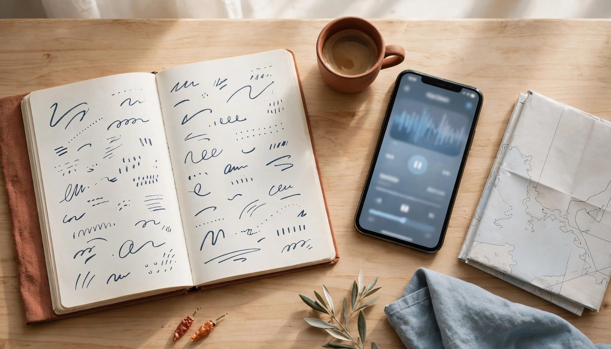 Best Albanian Learning Apps for Real Progress in 2026 3 Open language notebook, coffee cup, smartphone lesson, and map on a bright wooden table.