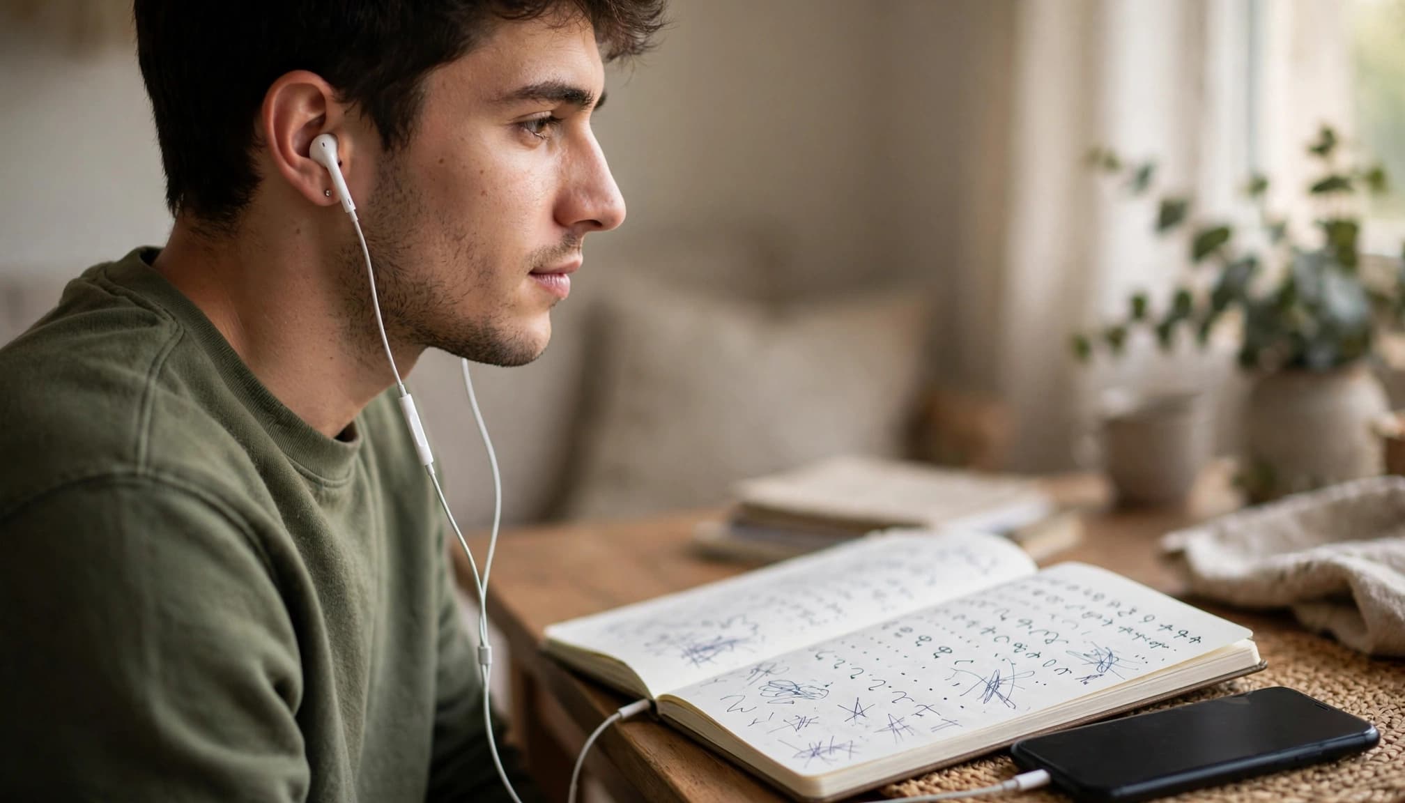 Amharic on Mobile: Choose Your Keyboard and Audio 3 A person listens with earbuds beside a phone and an open notebook.