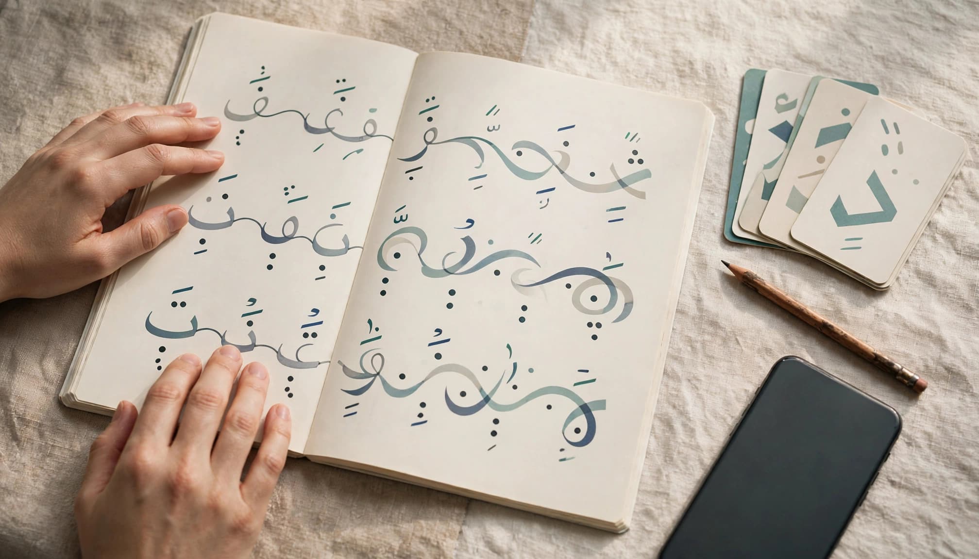 Arabic Reading Apps That Teach Script and Short Vowels 2 Hands beside an Arabic workbook with a pencil, flashcards, and a phone.