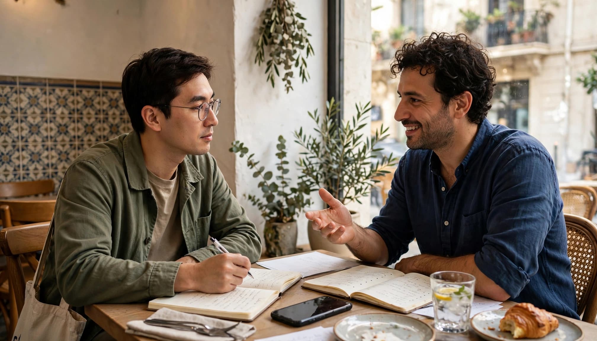 Best Levantine Arabic Learning Apps for Serious Learners in 2026 3 Two adults practice Arabic conversation at a cafe table with notebooks and a smartphone.