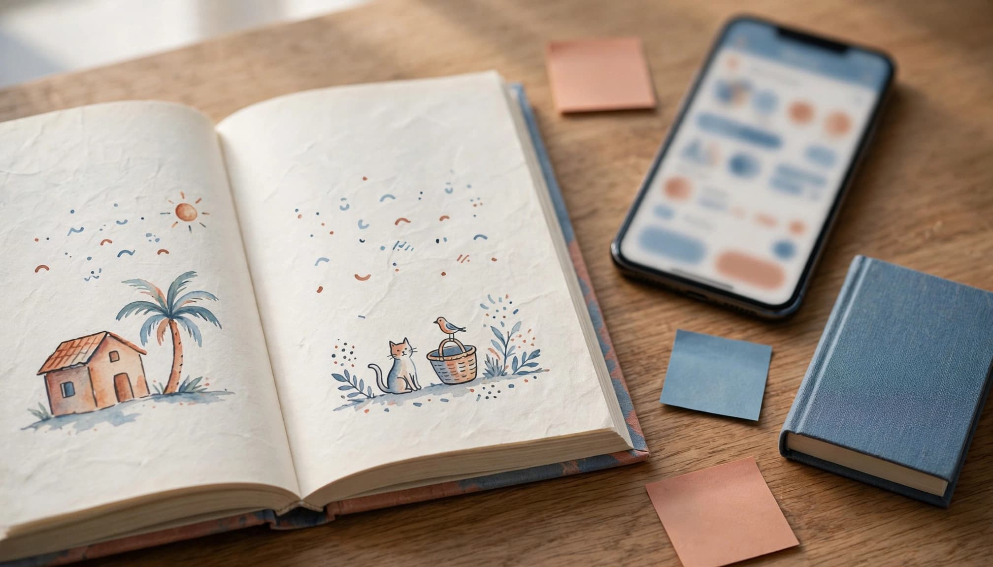 Arabic Reading Apps That Teach Script and Short Vowels 3 An open Arabic reader beside a smartphone, dictionary, and blank sticky notes.