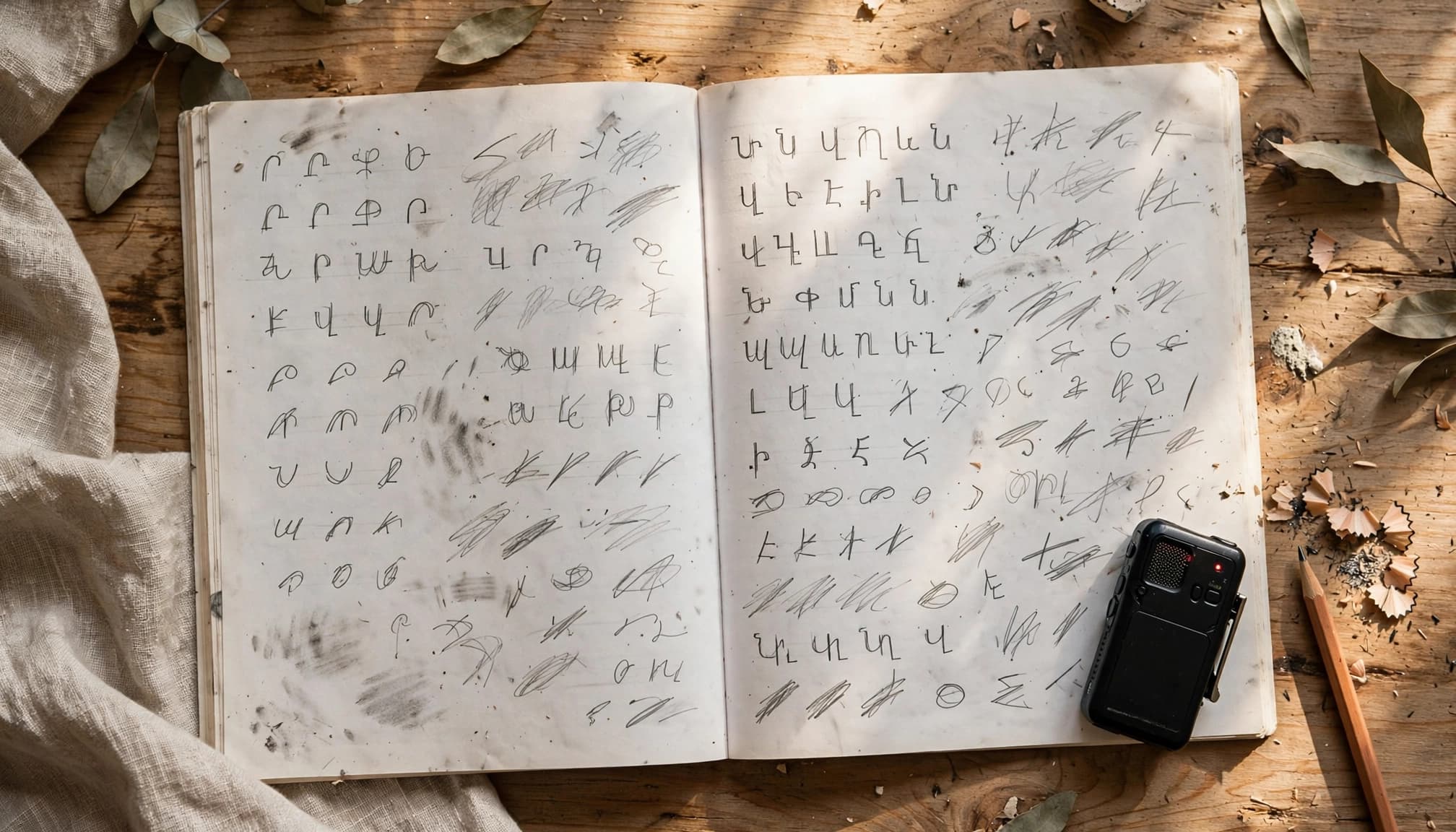 An open workbook with Armenian letter shapes, a pencil, and a small recorder on a sunny table.