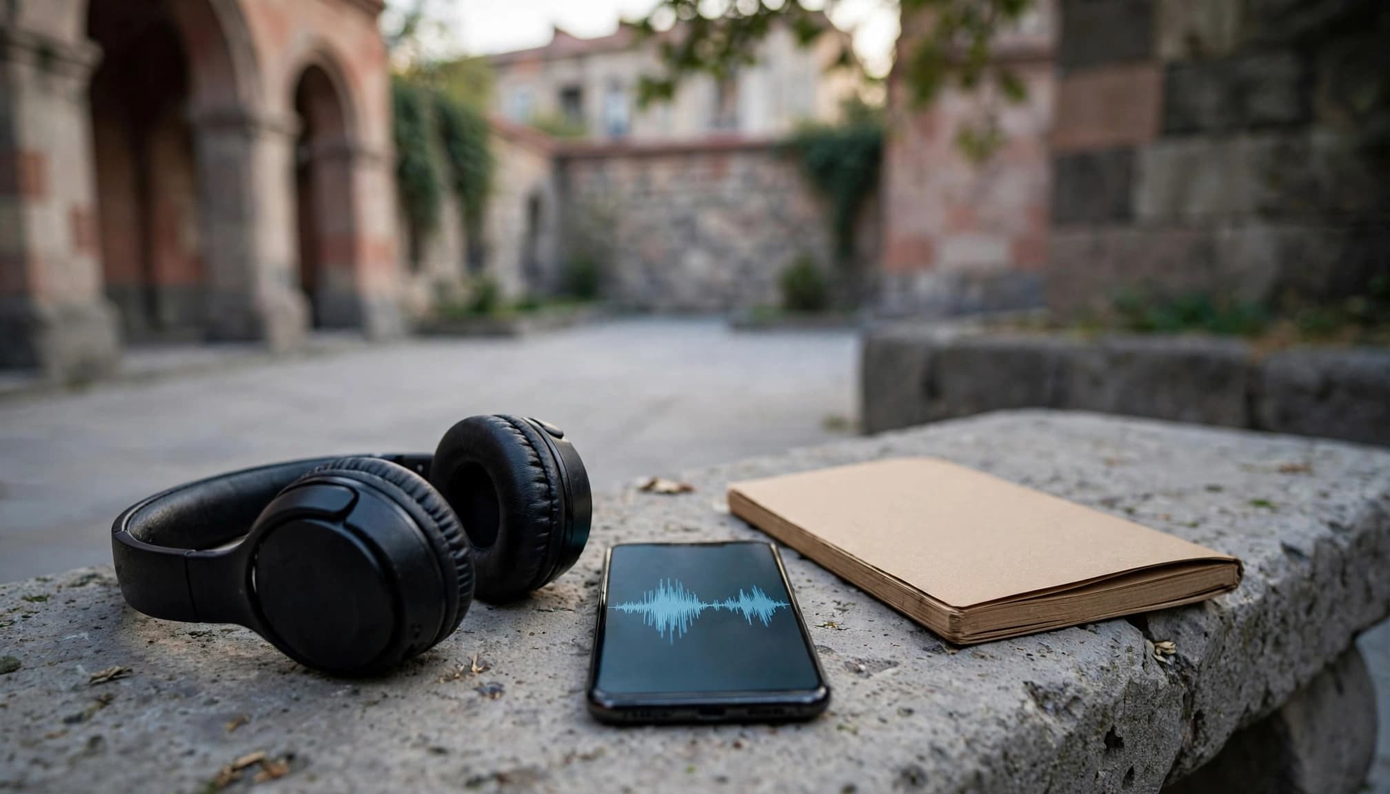 Headphones, a phone with an audio waveform, and a notebook rest on a courtyard bench.