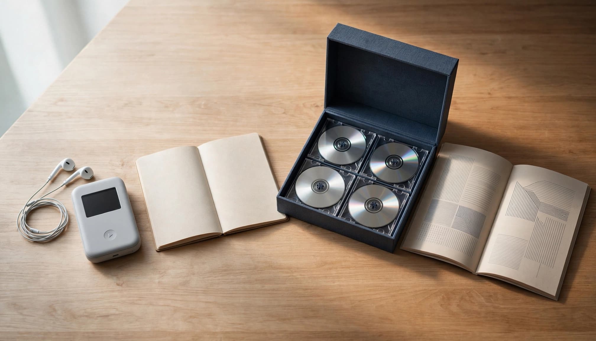 Split view of a simple audio player and notebook beside boxed discs and a booklet.