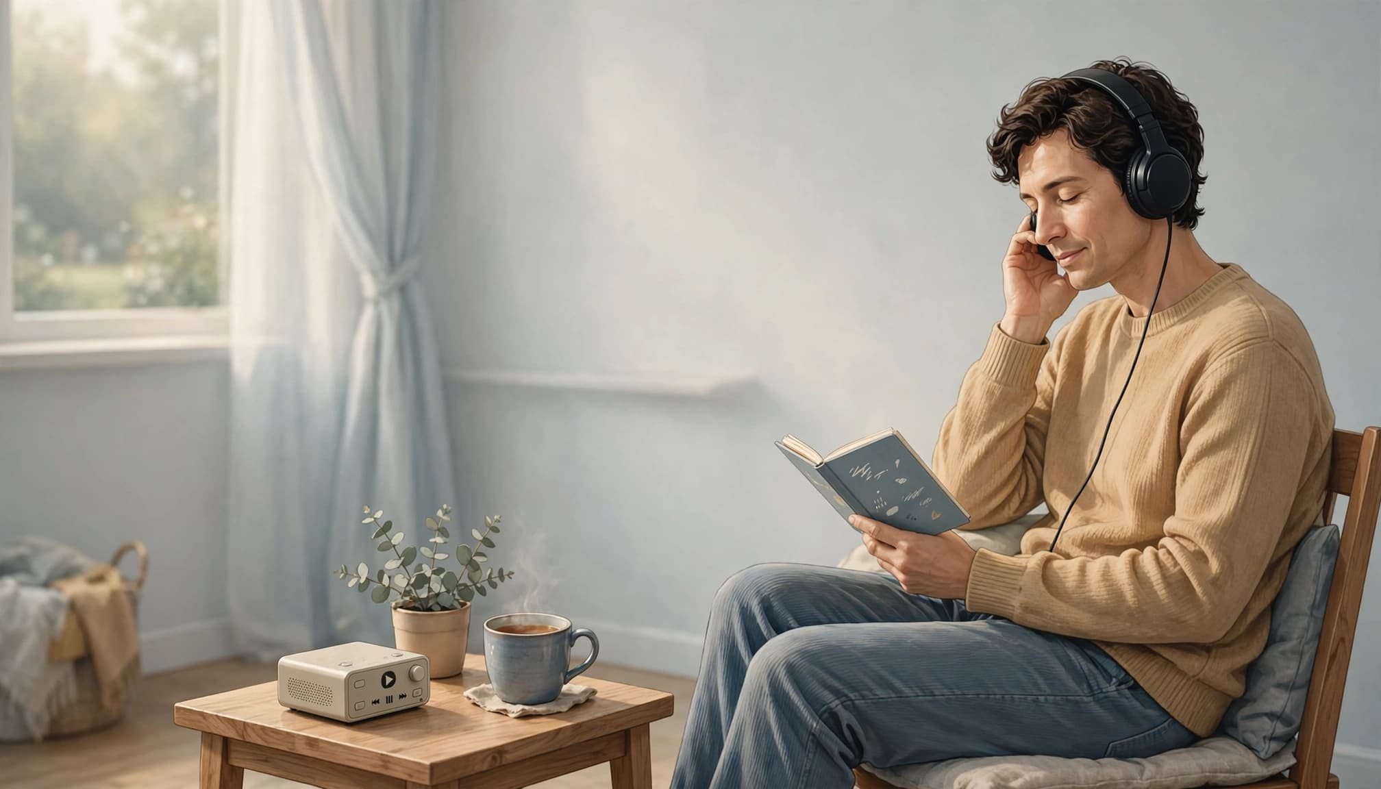 A learner with headphones studies beside an audio player, notebook, and tea.