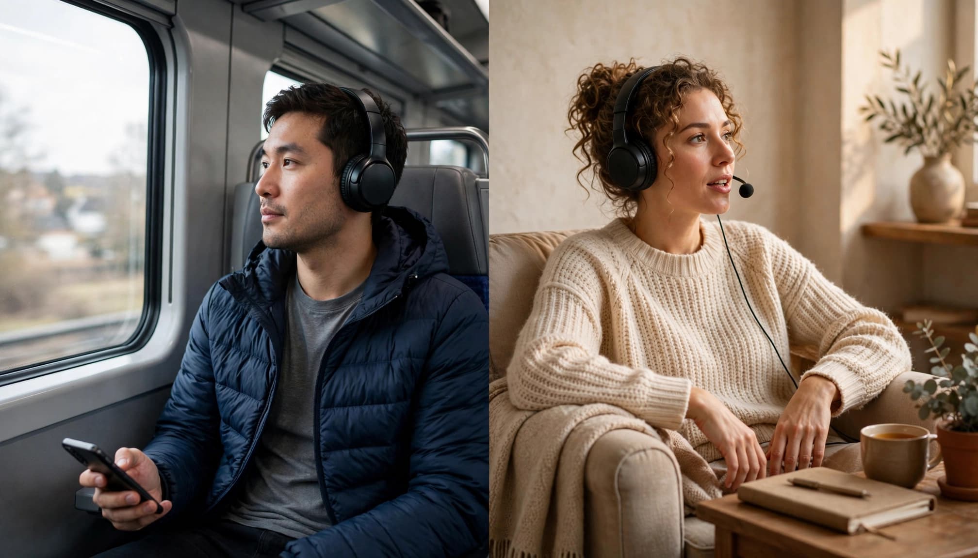 Pimsleur vs Language Transfer: Which Audio Course Fits? 2 Two learners study languages with headphones, one on a train and one in a home chair.