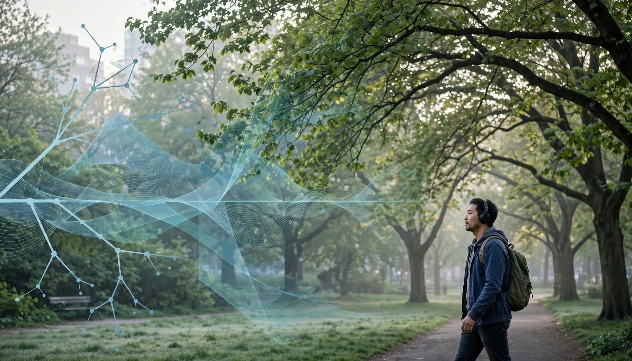Pimsleur vs Language Transfer: Which Audio Course Fits? 3 An adult wearing headphones walks through a leafy park with subtle sound wave overlays.